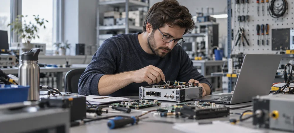 Product engineer working with electronic equipment and technical documentation.