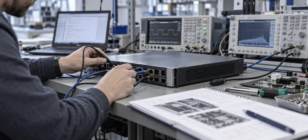 Technical specialist evaluating ICT equipment in a laboratory.