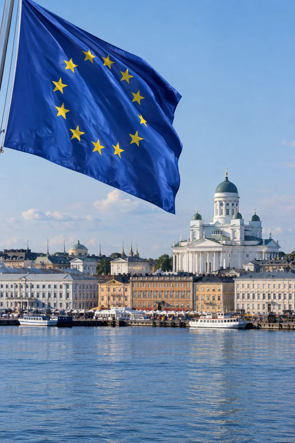 Euroopan unionin lippu Helsingin rannan yläpuolella.